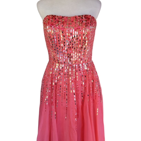 Jolene Stunning Coral Sequin Rhinestone Corset Back Strapless Gown Size 8 - Picture 2 of 7